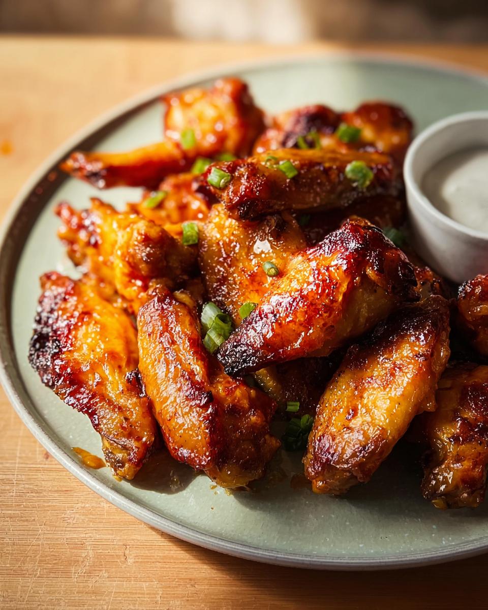 Close-up of glossy, golden-brown restaurant-style chicken wings, garnished with chopped green onions, served with a side of dipping sauce.
