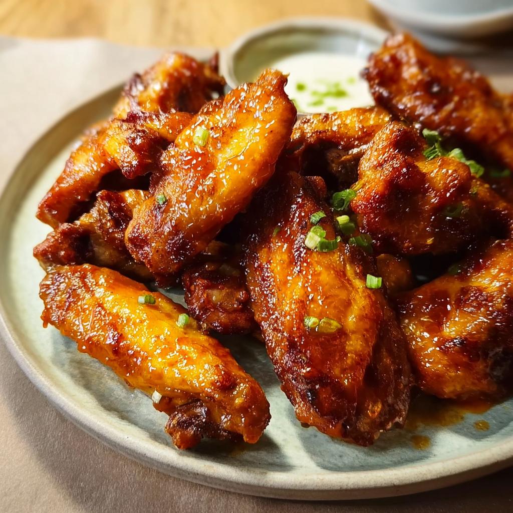 Close-up of glossy, glazed chicken wings, a key component of restaurant-style chicken wings recipes at home.