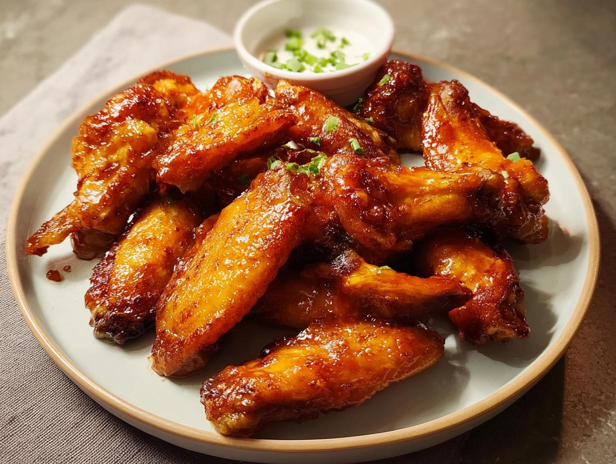A plate of glossy, glazed restaurant-style chicken wings, garnished with chopped green onions, served with a side of dip.