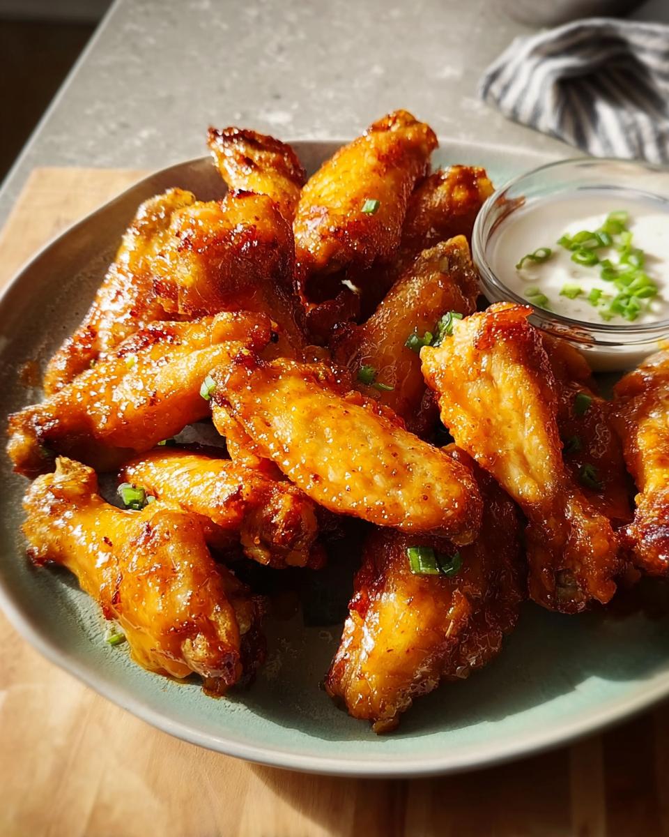 A plate of glossy, golden-brown restaurant-style chicken wings served with a side of dipping sauce and garnished with chopped green onions.