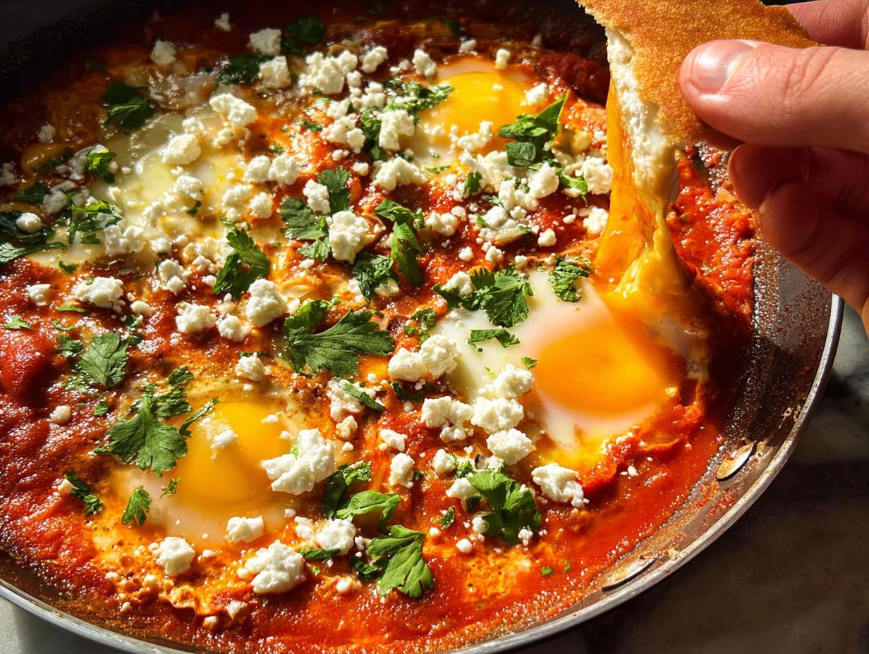 A hand dips bread into a pan of shakshuka, a restaurant-style egg recipe with runny yolks and feta cheese.