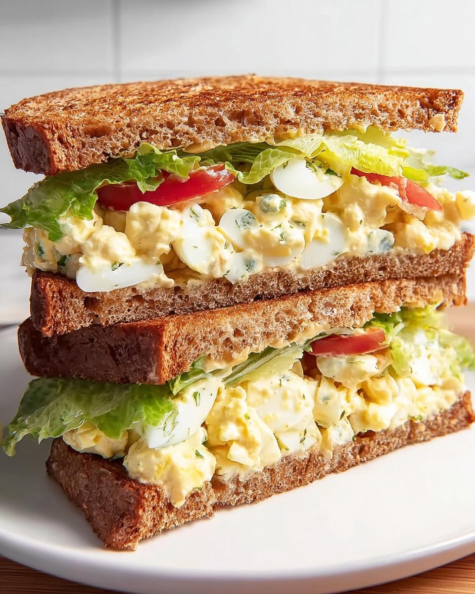 A stacked restaurant-style egg salad sandwich with whole wheat toast, lettuce, tomato, and creamy egg salad.
