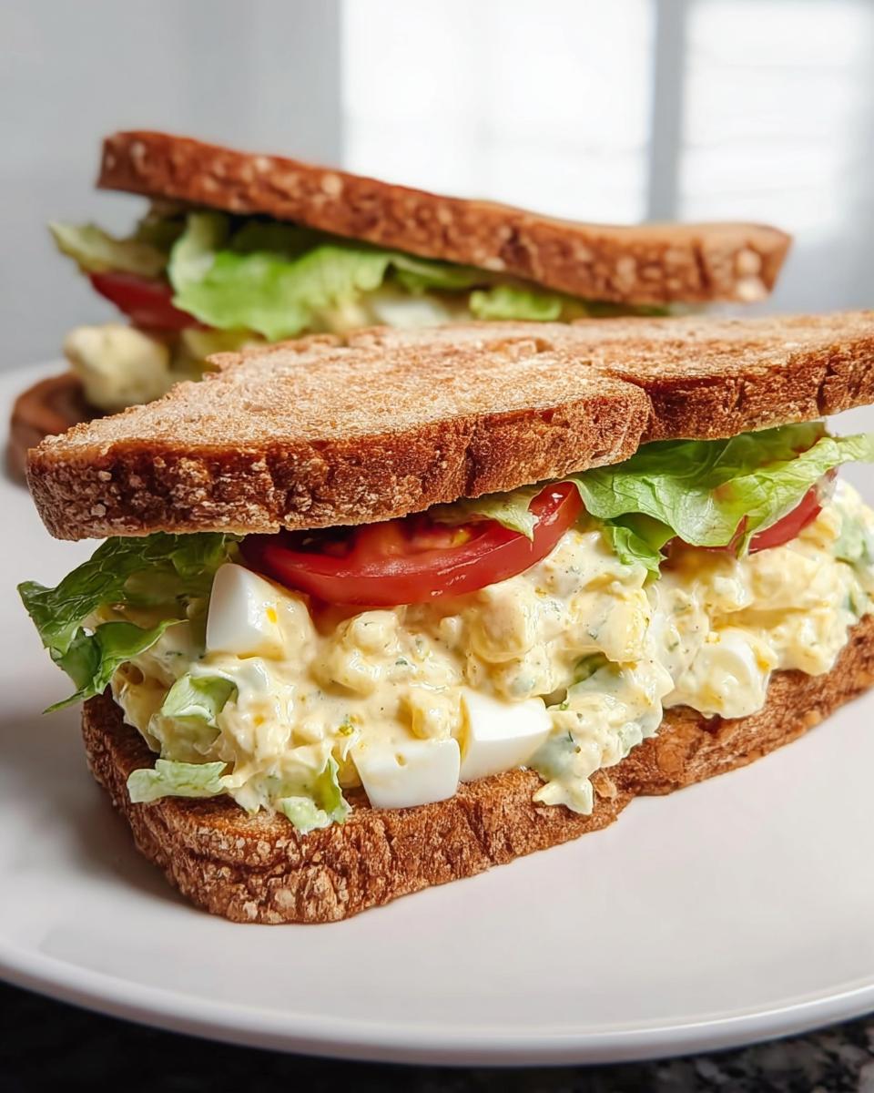 Close-up of a delicious restaurant-style egg salad sandwich with whole wheat bread, lettuce, tomato, and creamy egg salad.