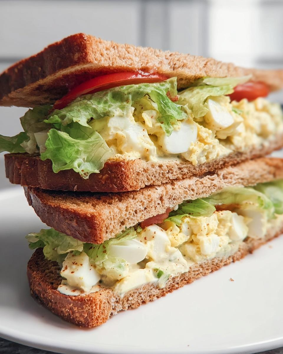 A stack of two restaurant-style egg salad sandwiches on whole wheat bread with lettuce and tomato.