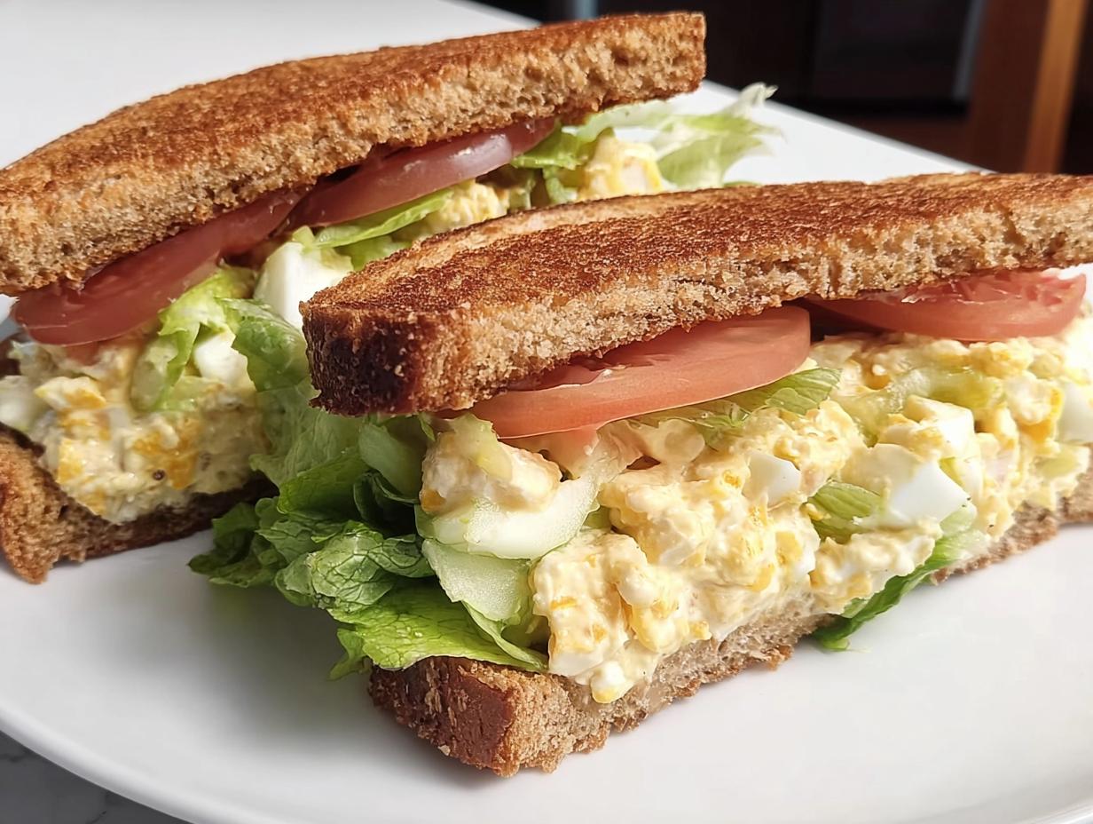 Two halves of a restaurant-style egg salad sandwich on whole wheat toast with lettuce and tomato.