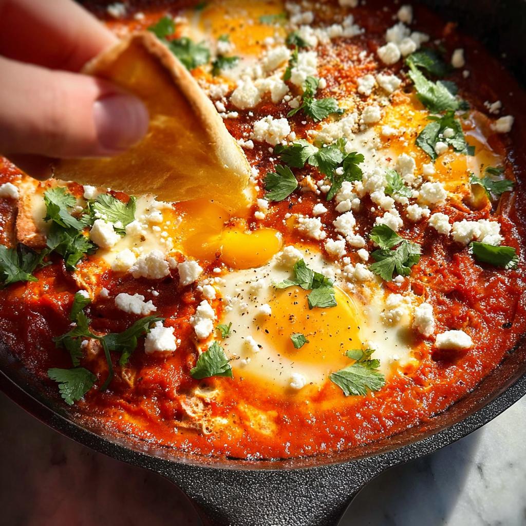 A hand dips pita bread into a skillet of Shakshuka, a restaurant-style egg recipe with poached eggs in tomato sauce, feta, and cilantro.