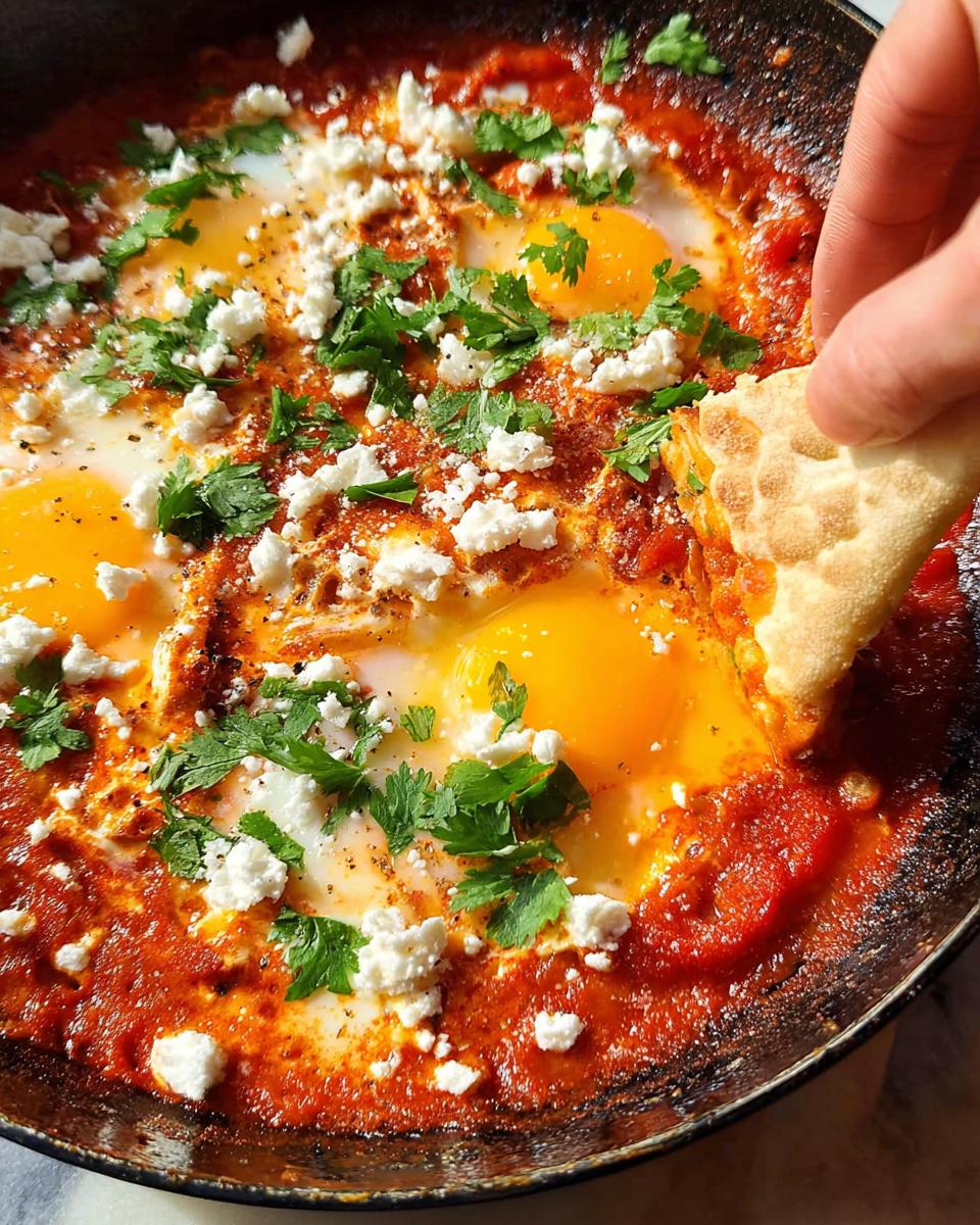 A hand dips pita bread into a pan of restaurant-style eggs, shakshuka with feta and parsley.