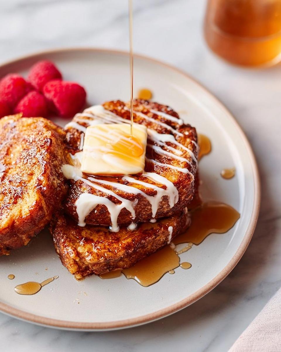 Stack of golden brown French toast drizzled with icing and syrup, topped with butter and raspberries. Restaurant-Style Breakfast Ideas Recipes at Home.