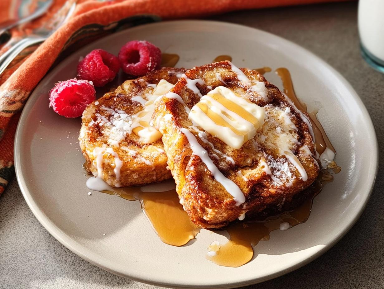 Two slices of golden-brown French toast topped with butter, powdered sugar, and icing, served with raspberries and syrup. A perfect restaurant-style breakfast idea.