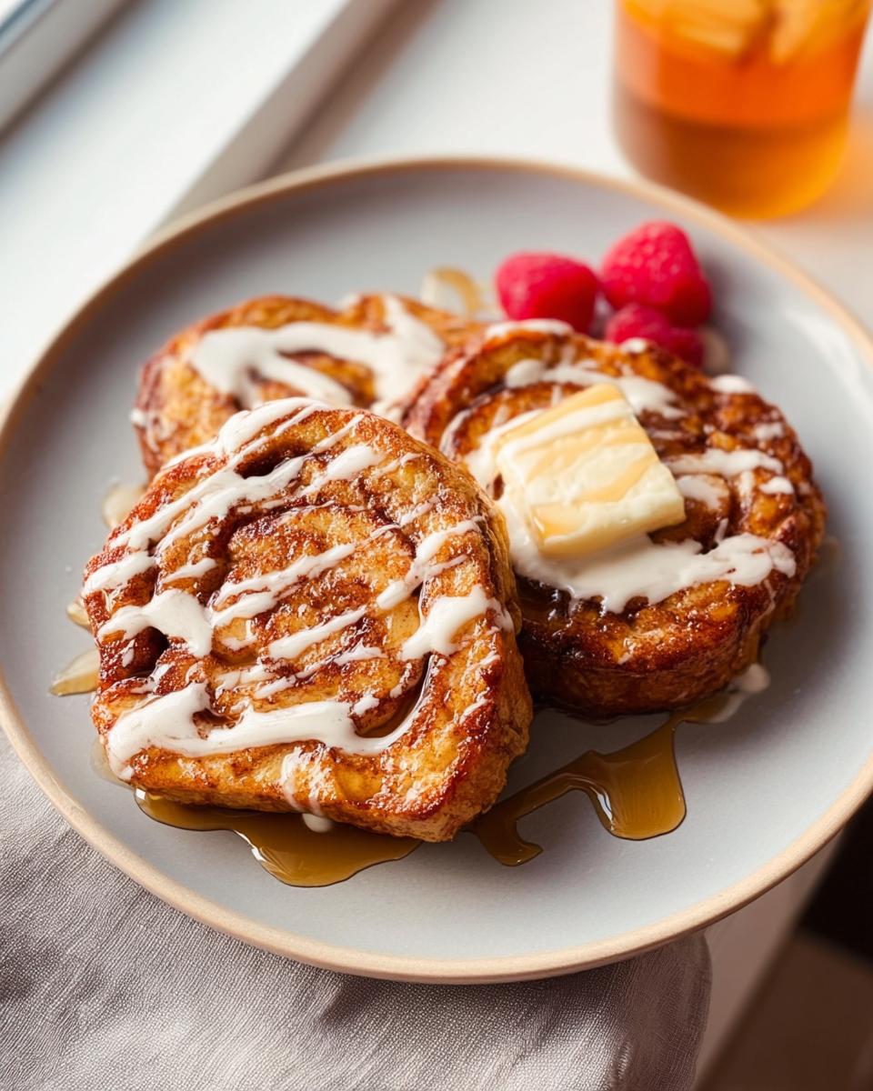 Close-up of restaurant-style French toast drizzled with glaze, topped with butter and raspberries, as part of breakfast ideas recipes at home.