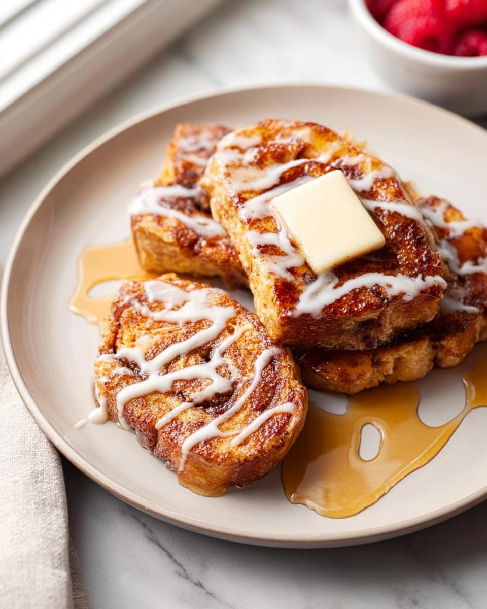 Golden brown French toast drizzled with icing and topped with butter, part of Restaurant-Style Breakfast Ideas Recipes at Home.