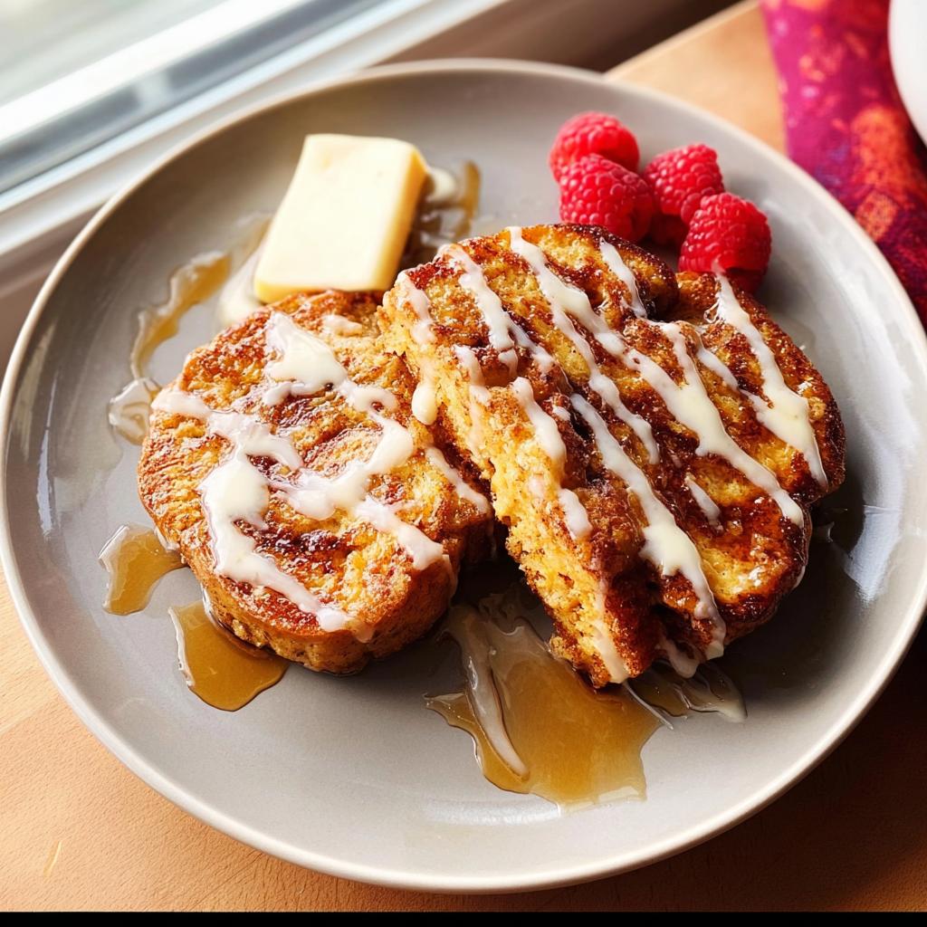Golden brown French toast drizzled with white glaze, served with raspberries and butter, part of Restaurant-Style Breakfast Ideas Recipes at Home.