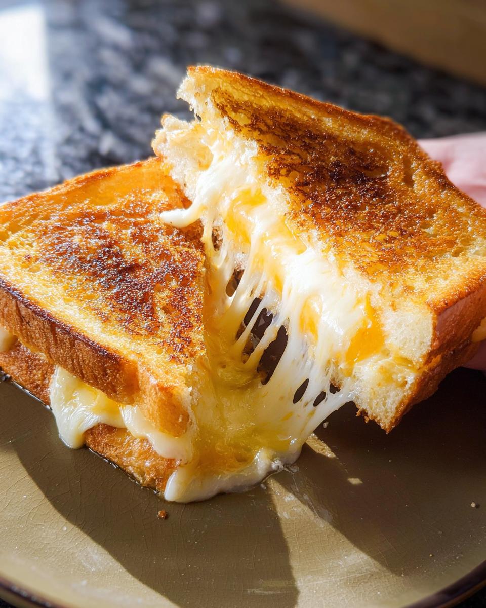 A perfectly grilled cheese sandwich, pulled apart to reveal strings of melted cheese, a delicious Restaurant-Style Grilled Cheese Recipe at Home.