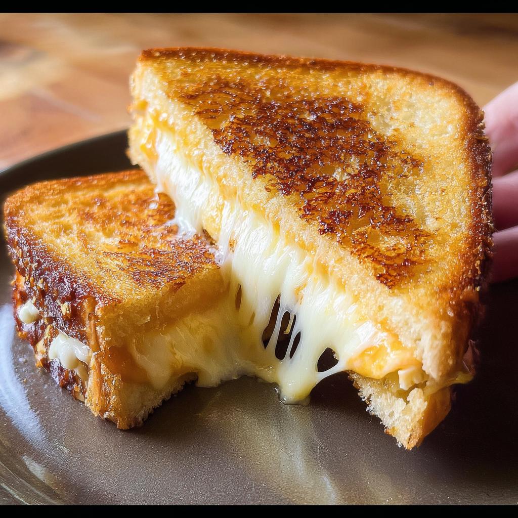 A close-up of a perfectly grilled cheese sandwich with melted cheese oozing out, showcasing restaurant-style grilled cheese recipes at home.