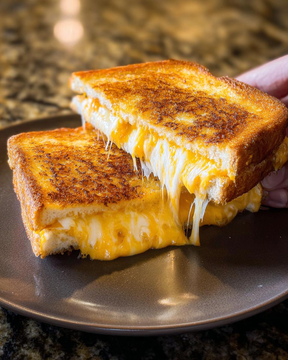 Two halves of a perfectly grilled cheese sandwich with gooey melted cheese dripping out, showcasing restaurant-style grilled cheese recipes at home.