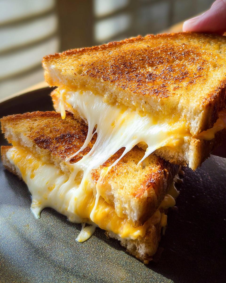 Close-up of a restaurant-style grilled cheese sandwich with gooey, melted cheese stretching out.