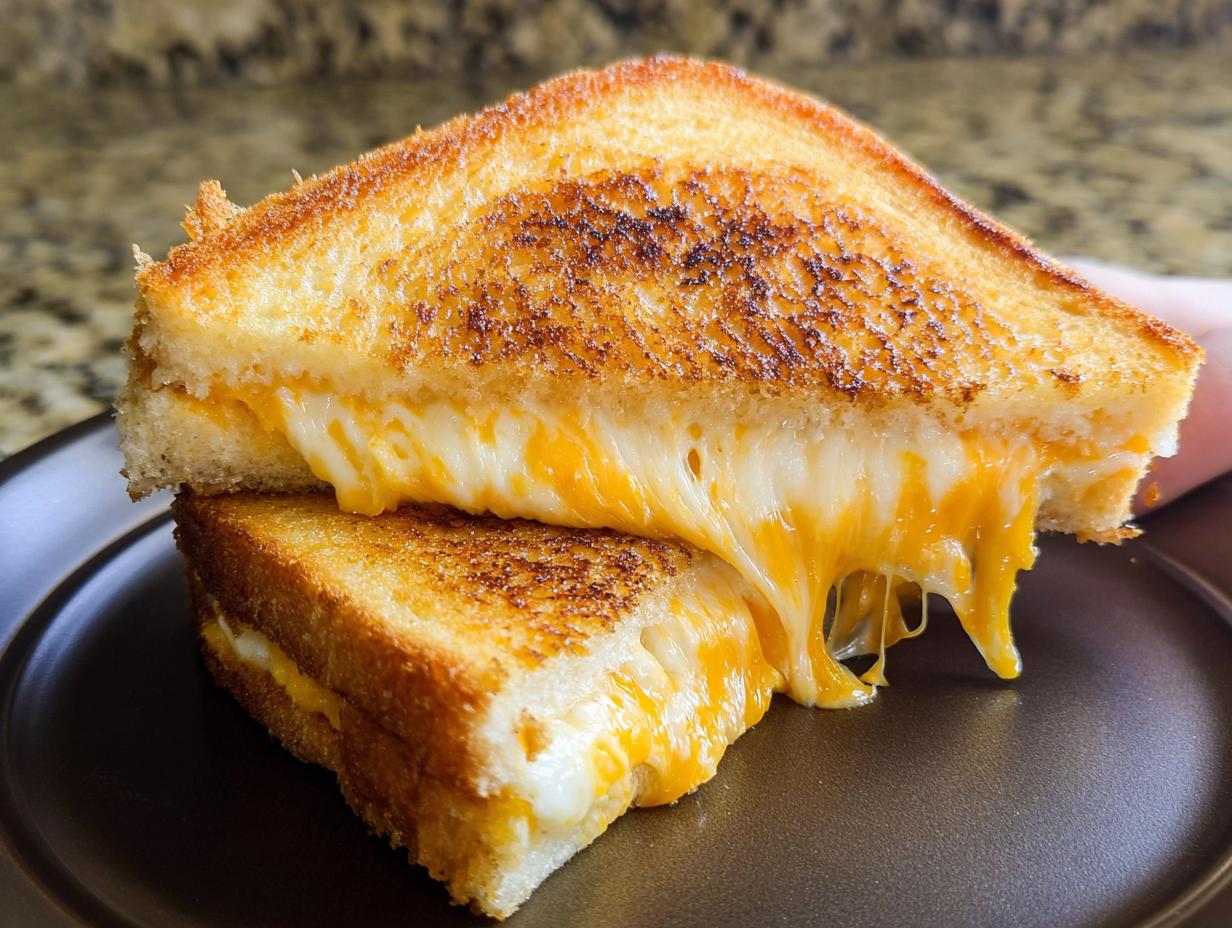 Close-up of a perfectly grilled cheese sandwich, with gooey melted cheese oozing out. Restaurant-Style Grilled Cheese Recipes at Home.
