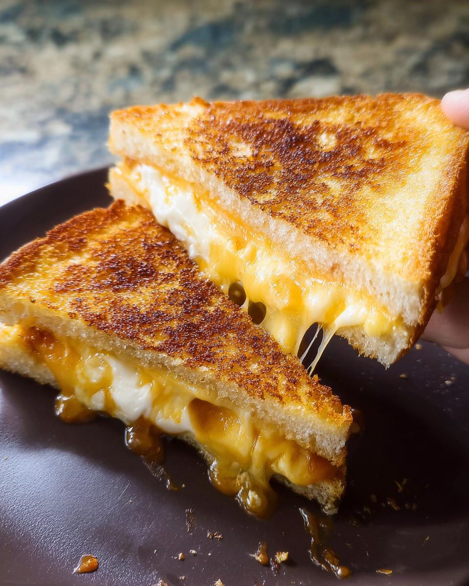 Close-up of a perfectly grilled cheese sandwich, oozing with melted cheese, a delicious Restaurant-Style Grilled Cheese Recipe at Home.