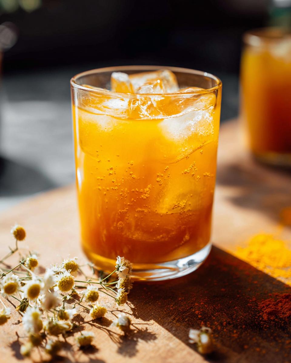 A vibrant orange drink with ice and bubbles, garnished with small white flowers and spices, perfect for Restaurant-Style Healthy Meals Recipes at Home.