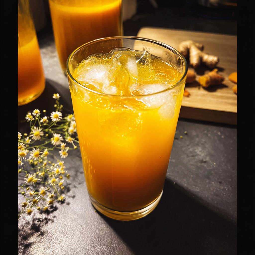 A refreshing glass of turmeric ginger drink with ice, accompanied by bottles of the same beverage and fresh ginger on a cutting board.