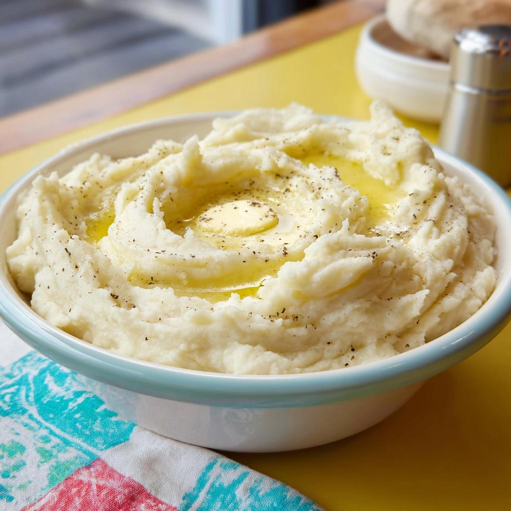 A bowl of creamy Restaurant-Style Mashed Potatoes topped with melted butter and cracked black pepper.