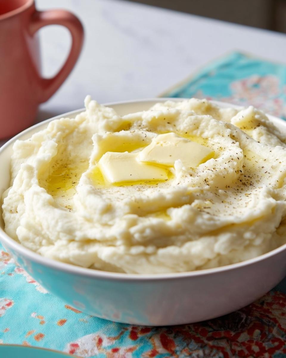A bowl of creamy Restaurant-Style Mashed Potatoes topped with melting butter and black pepper.
