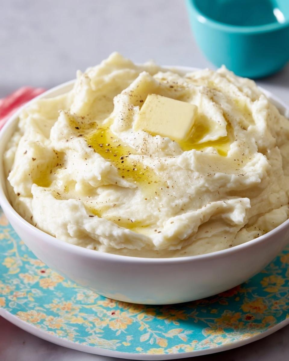 A bowl of creamy Restaurant-Style Mashed Potatoes topped with butter and cracked black pepper.