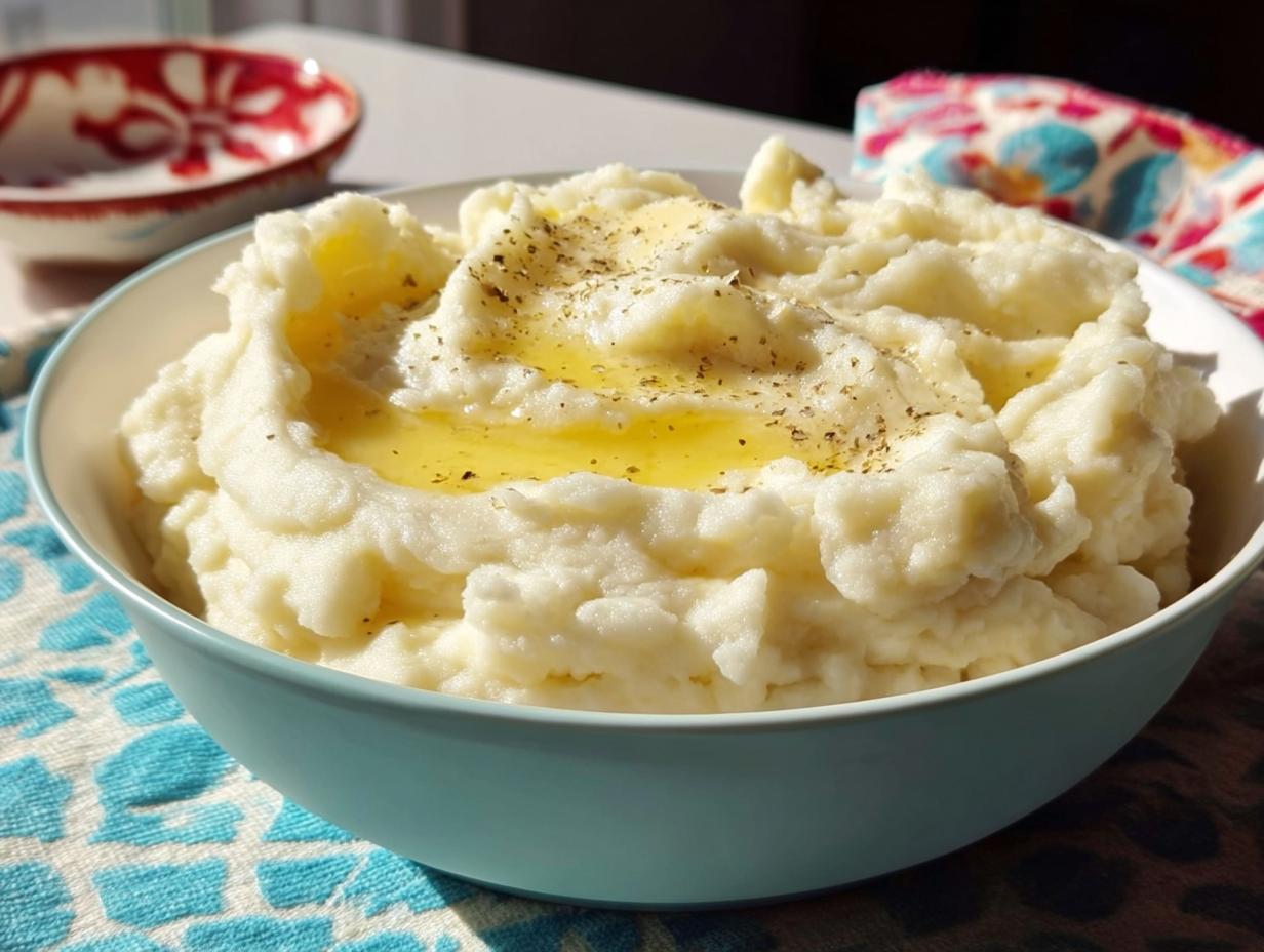 A bowl of creamy restaurant-style mashed potatoes topped with melted butter and herbs.