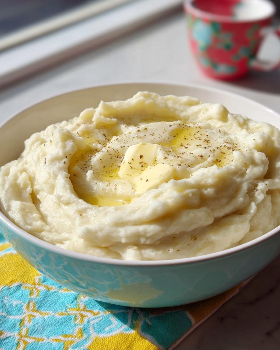 A bowl of creamy restaurant-style mashed potatoes topped with butter and herbs, perfect for a home recipe.