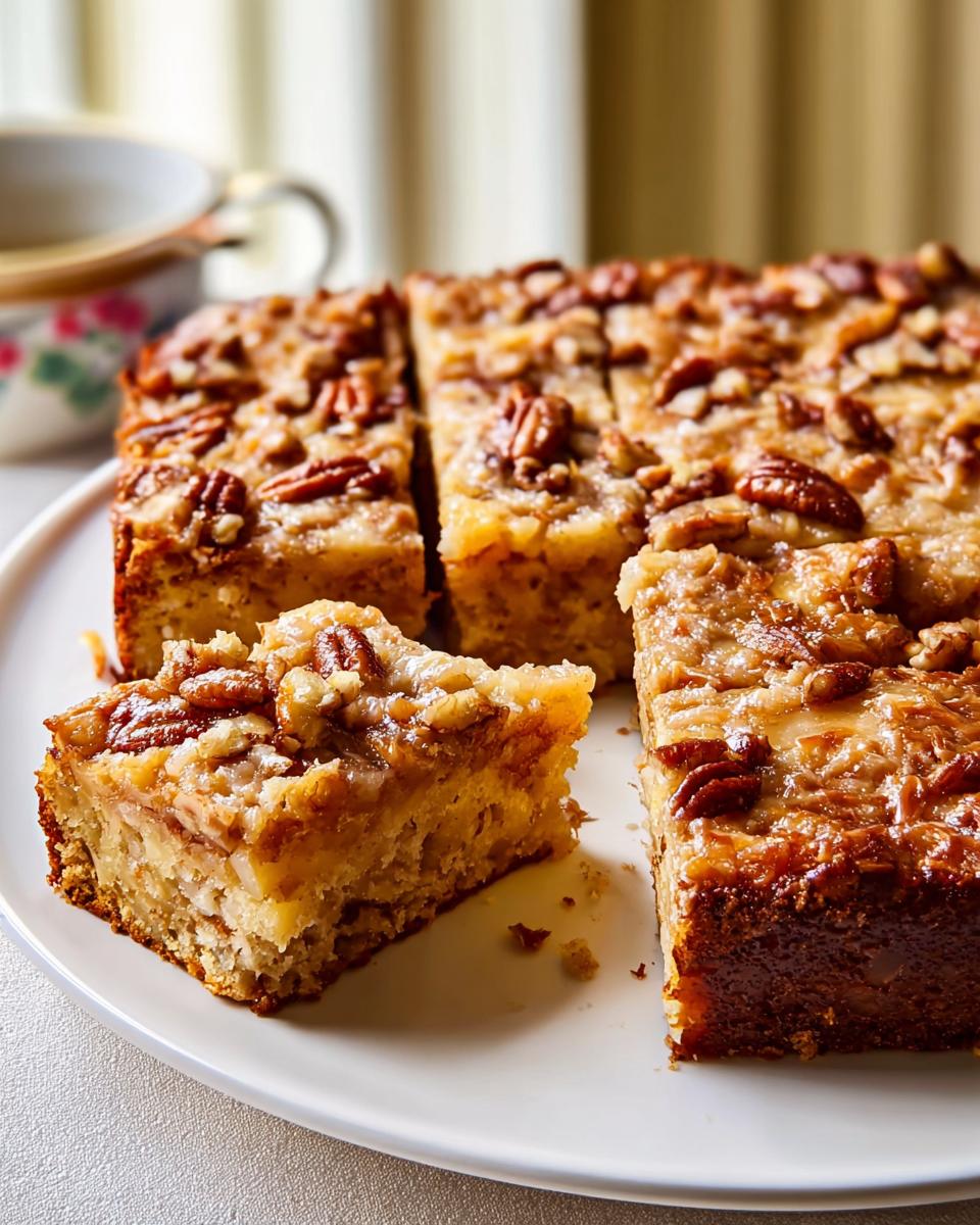 A slice of moist pecan cake with a gooey caramel topping, perfect for restaurant-style cake ideas recipes at home.