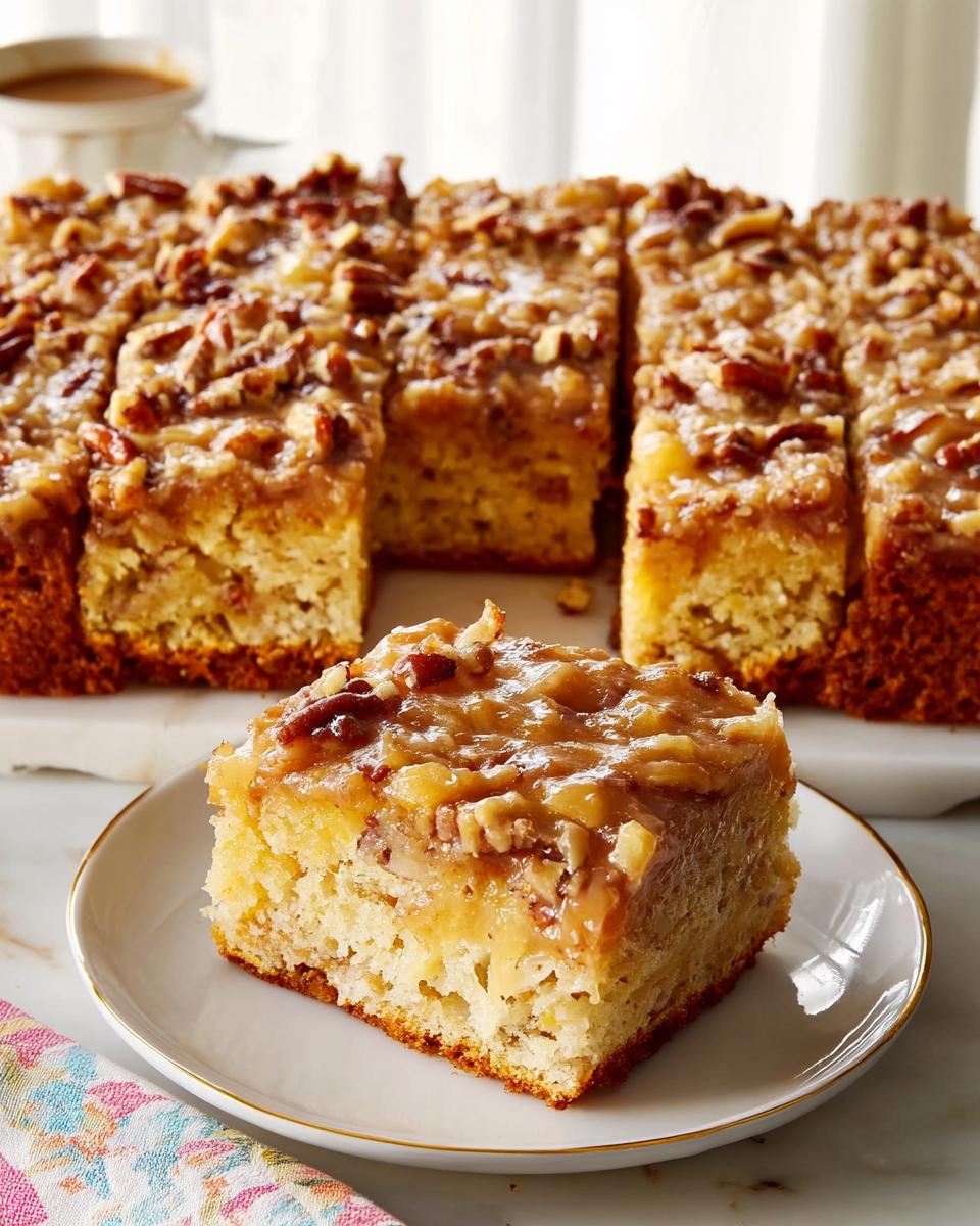 A slice of restaurant-style pecan cake with a gooey caramel-like topping and chopped pecans.