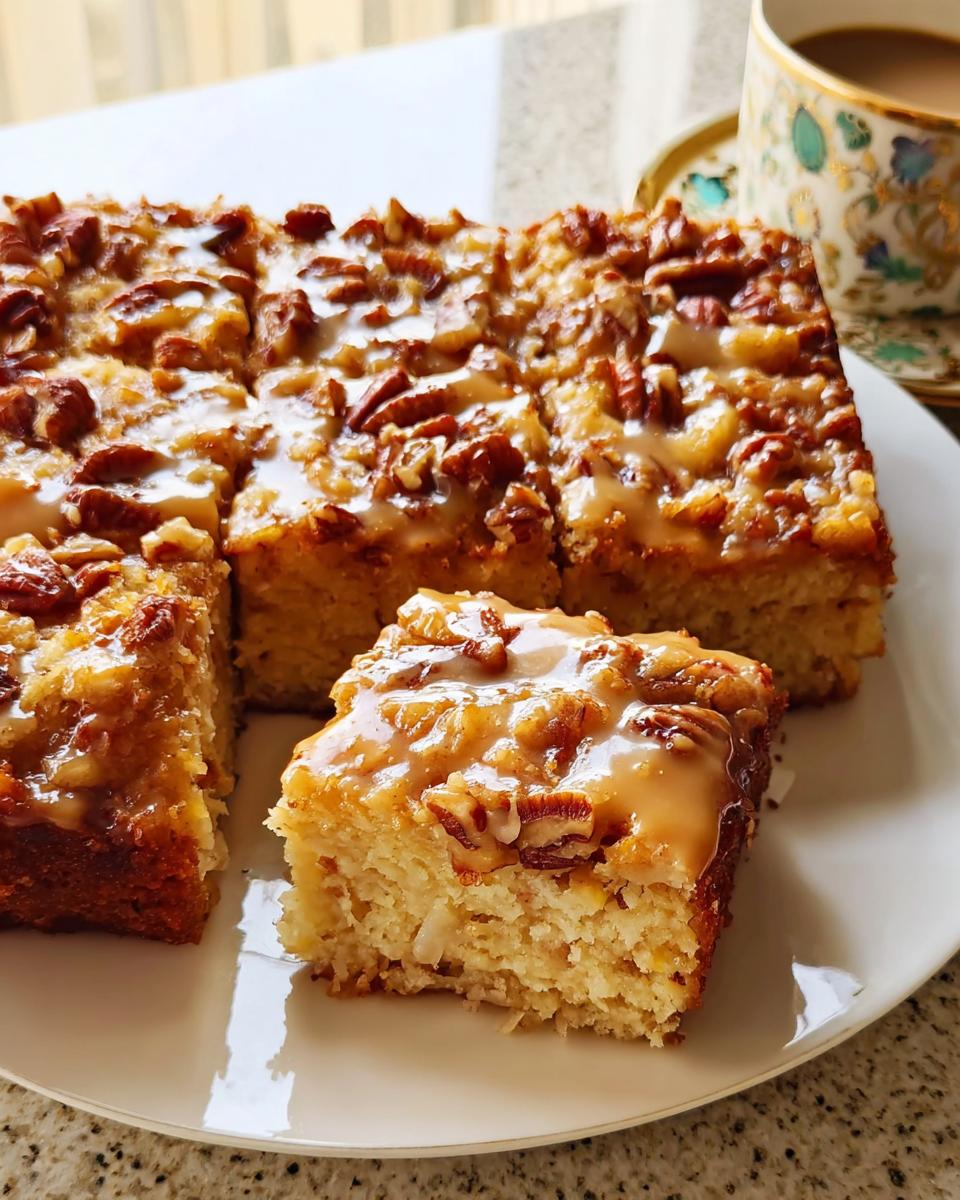 A slice of restaurant-style pecan streusel cake, drizzled with glaze and topped with pecans.