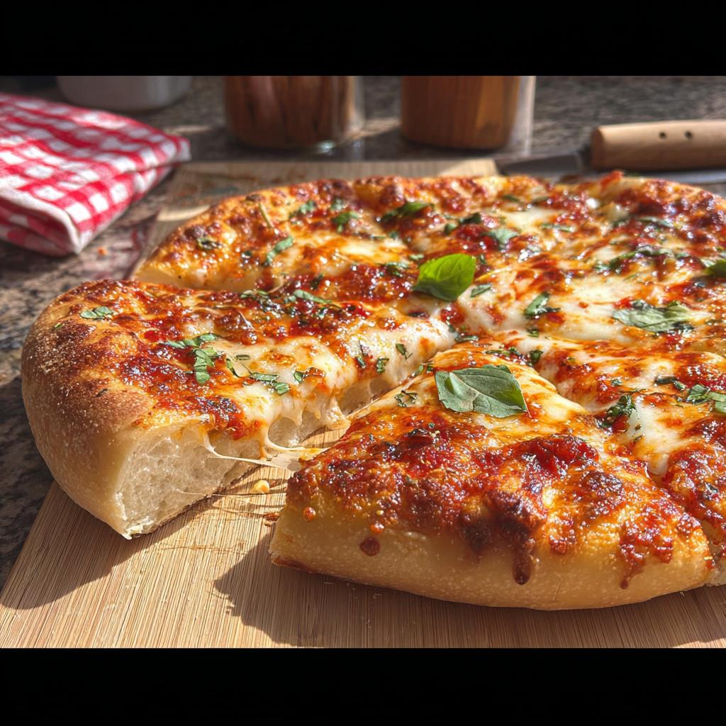 A delicious, freshly baked restaurant-style pizza with melted cheese and basil, perfect for pizza night at home.