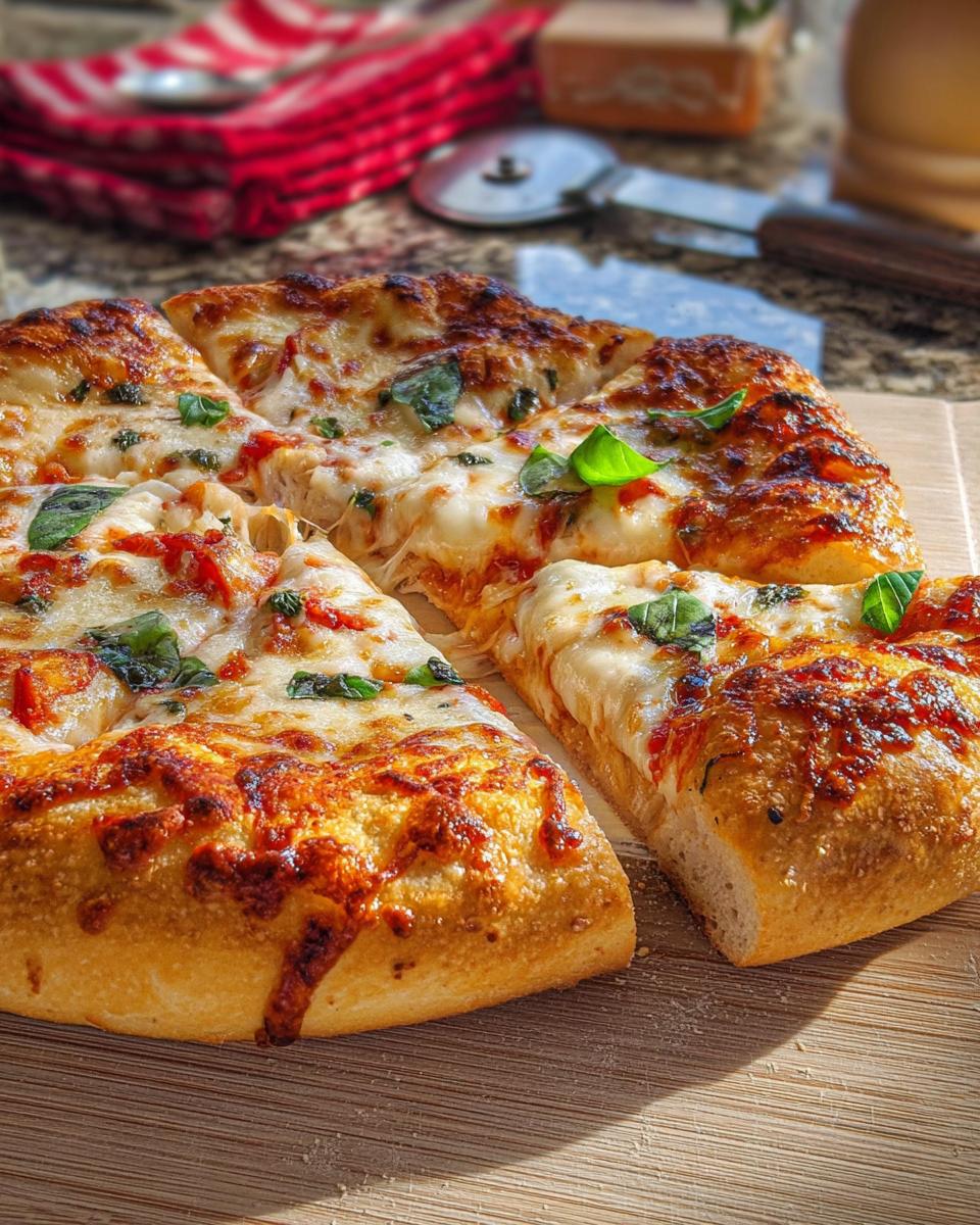 A freshly baked restaurant-style pizza with melted cheese and basil, perfect for pizza night at home.