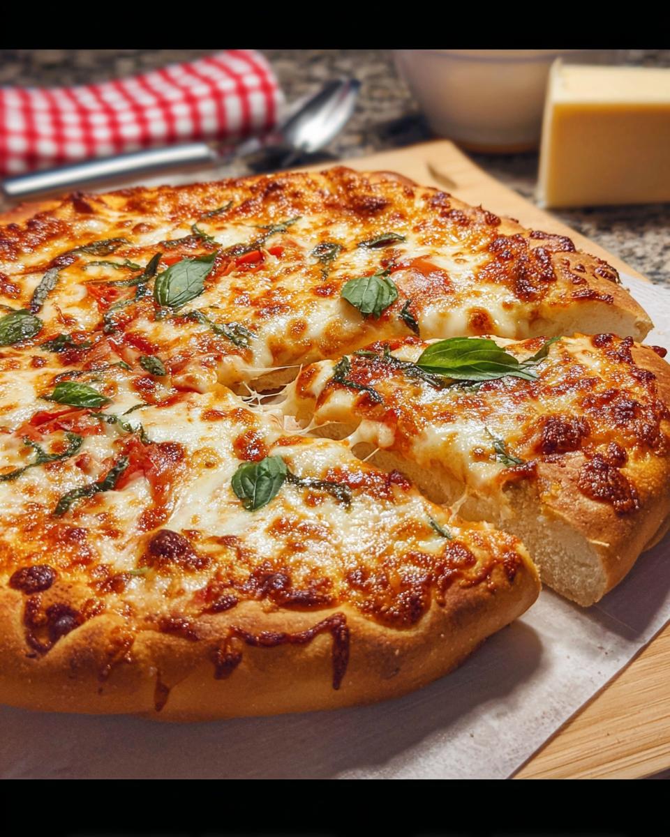 A delicious homemade pizza with melted cheese, tomato sauce, and fresh basil, perfect for Restaurant-Style Pizza Night Recipes at Home.