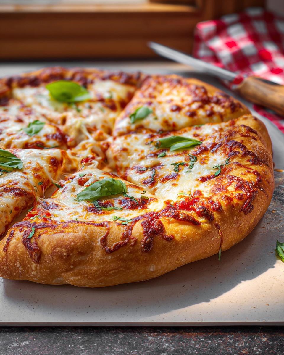 A delicious, freshly baked restaurant-style pizza with melted cheese and basil, perfect for pizza night recipes at home.
