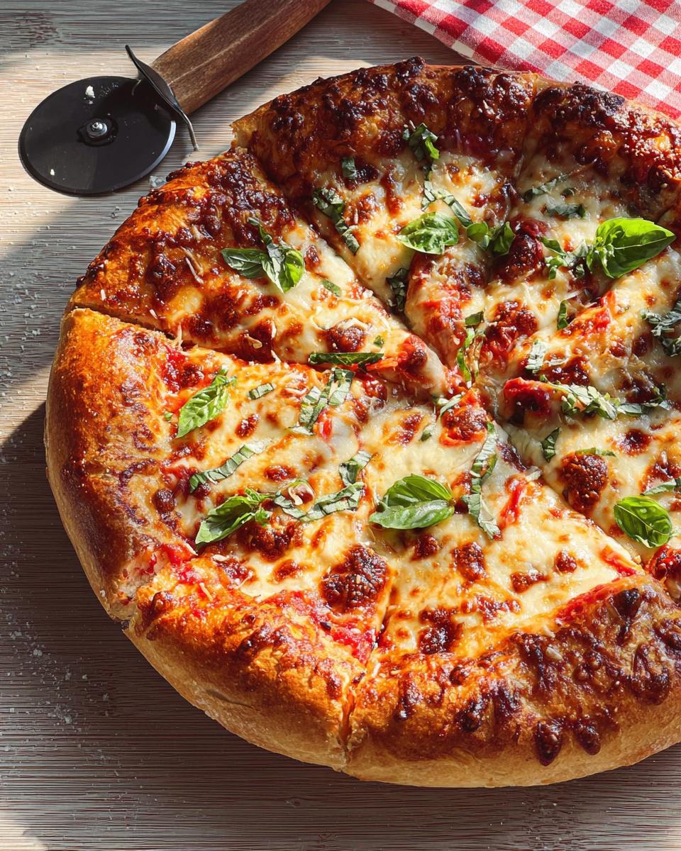 A delicious, freshly baked restaurant-style pizza with melted cheese and basil, ready for pizza night.