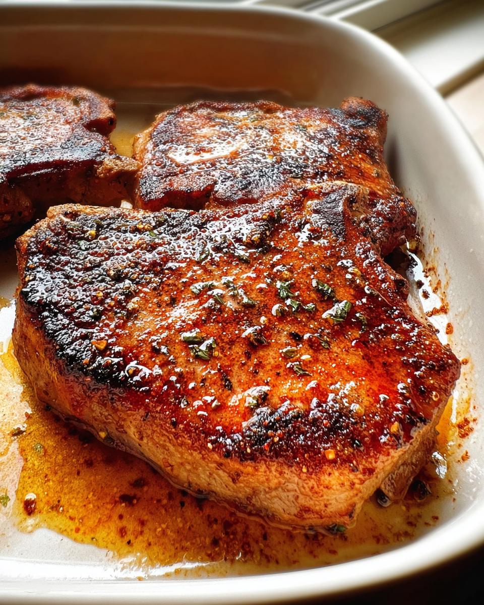 Close-up of juicy, seasoned restaurant-style pork chops in a white dish, ready to be served.