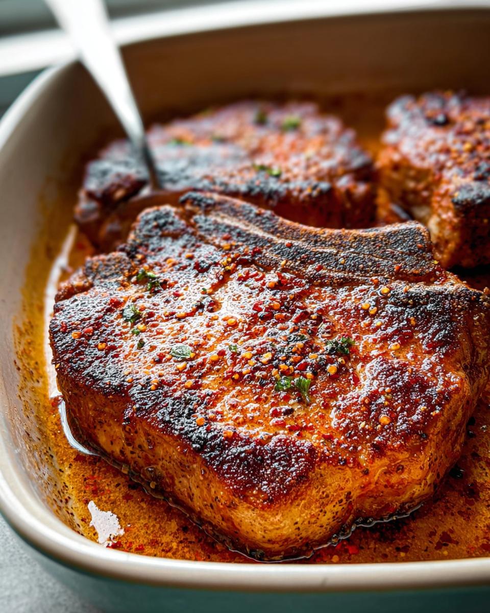 Close-up of juicy, pan-seared restaurant-style pork chops in a baking dish, seasoned with spices.