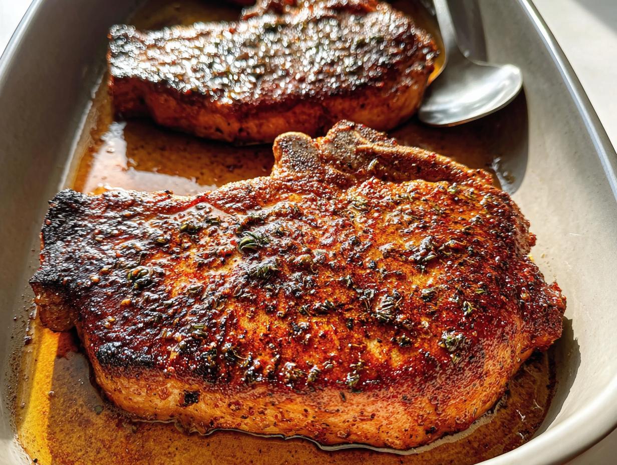 Two juicy, seasoned restaurant-style pork chops cooked to perfection in a baking dish.