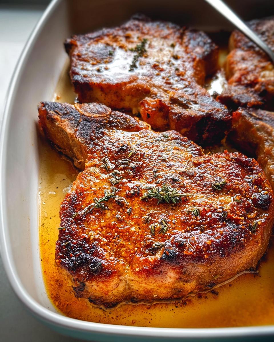 Close-up of juicy, pan-seared restaurant-style pork chops in a white dish, seasoned with herbs.