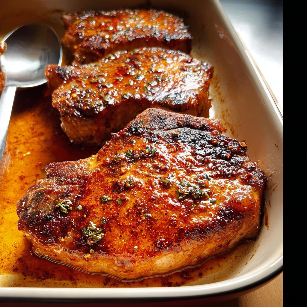 Close-up of juicy, pan-seared pork chops in a baking dish, glistening with sauce and herbs, perfect for restaurant-style pork chops recipes at home.