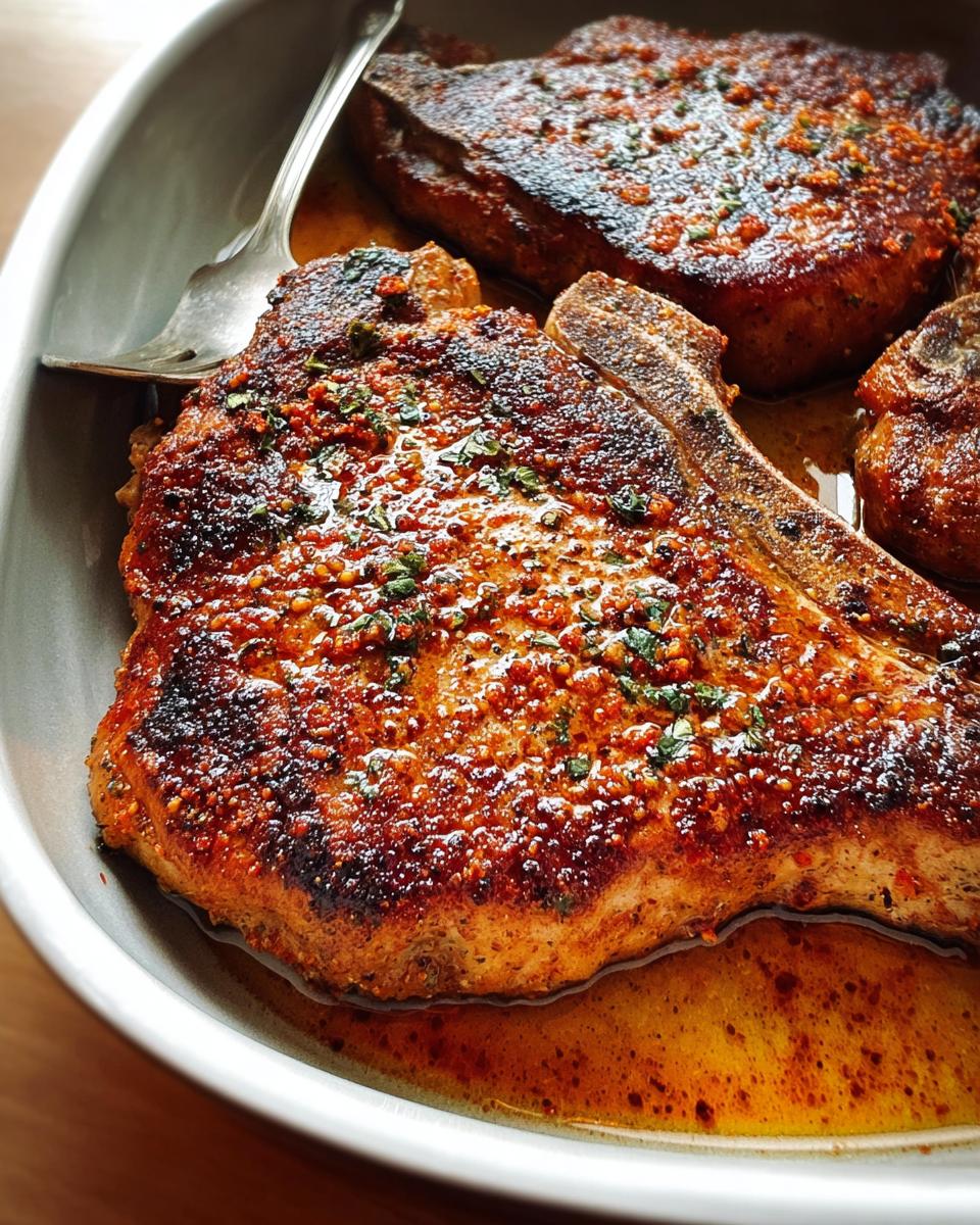 Close-up of juicy, pan-seared restaurant-style pork chops with a flavorful glaze and herbs.
