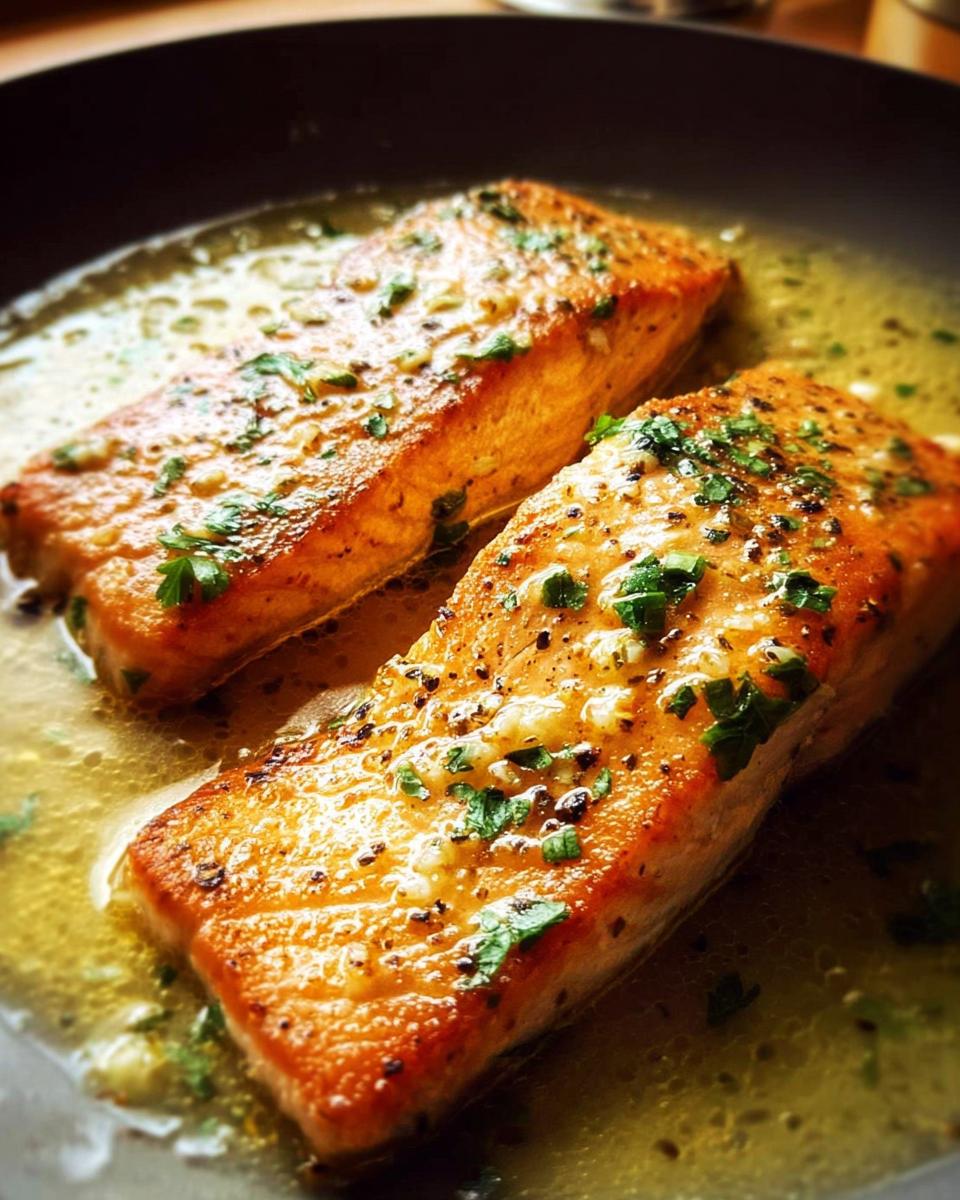 Two perfectly cooked salmon fillets in a buttery sauce with herbs, ready to serve as part of a restaurant-style salmon recipe at home.