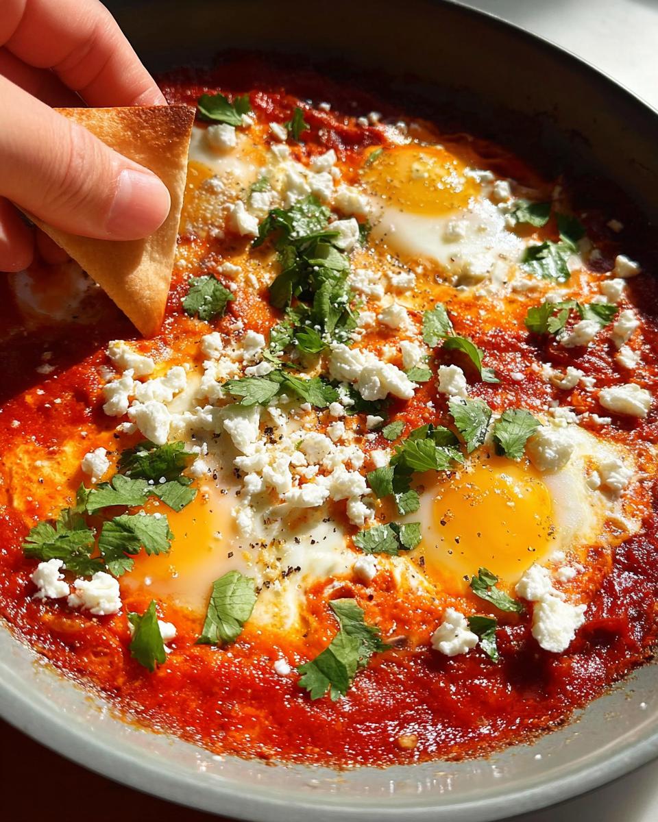 A hand dips a piece of pita bread into a pan of restaurant-style shakshuka with eggs, feta cheese, and cilantro.