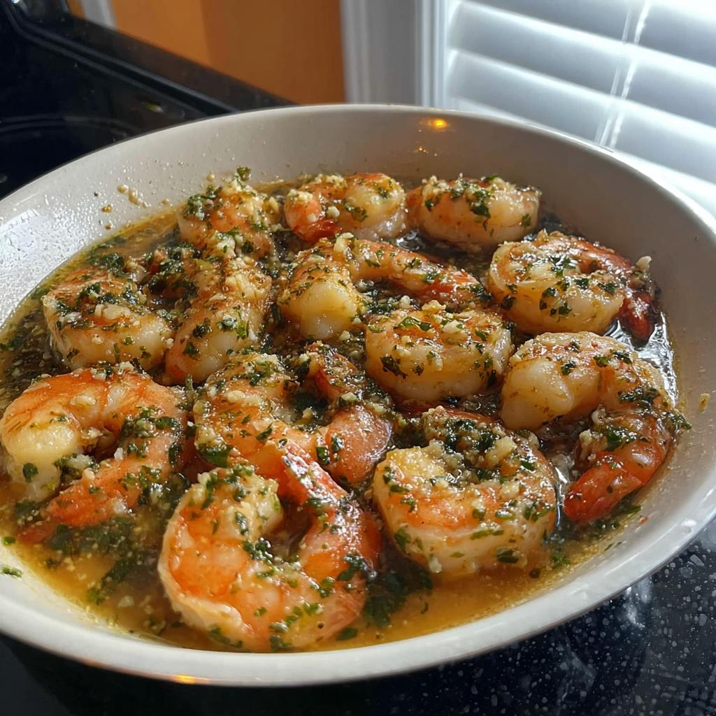 A close-up of restaurant-style garlic butter shrimp, glistening in a sauce with parsley.
