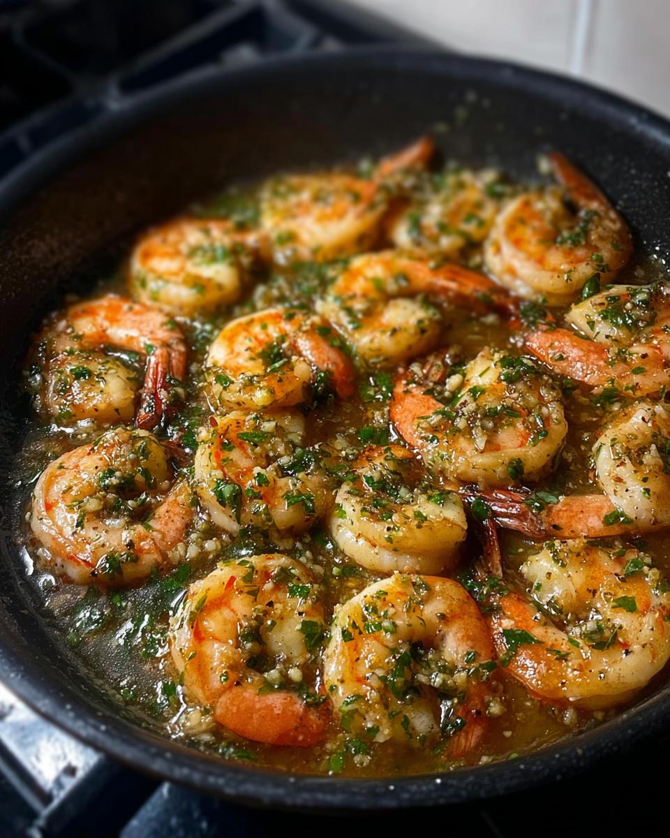 Close-up of juicy, pan-seared shrimp cooked in garlic butter sauce with parsley, a key ingredient in restaurant-style shrimp recipes at home.