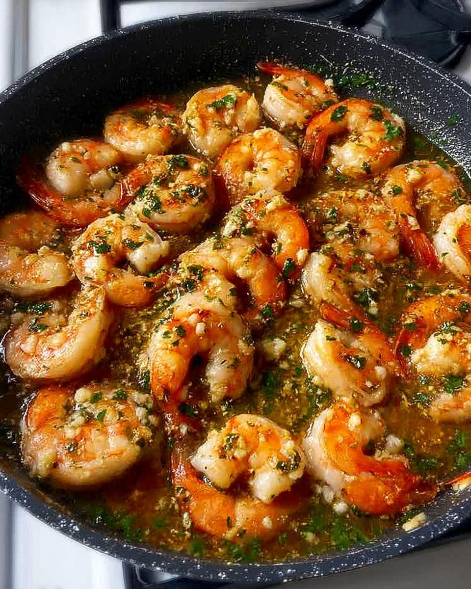 Close-up of juicy shrimp cooked in garlic butter sauce, a perfect restaurant-style shrimp recipe at home.