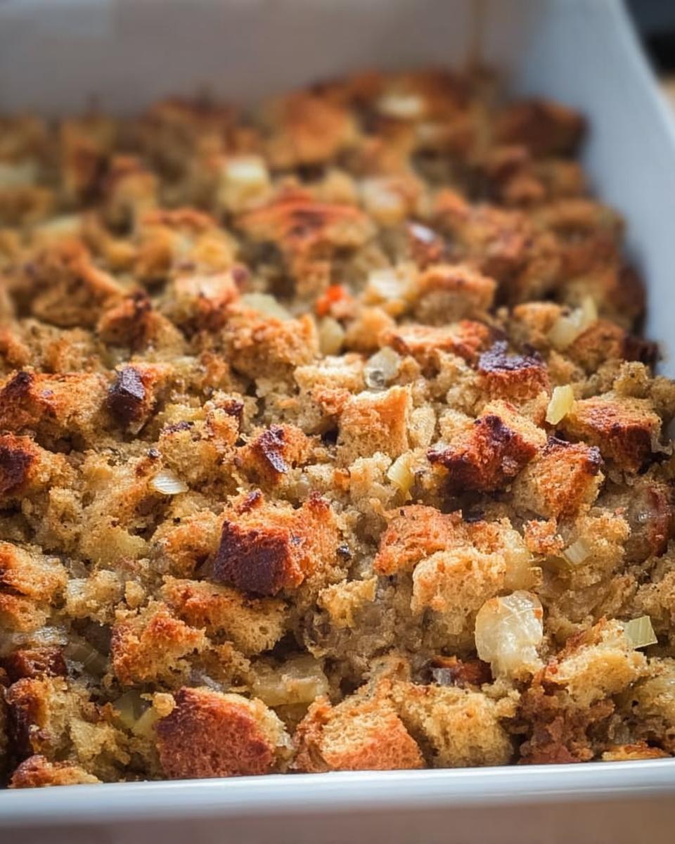Close-up of a freshly baked restaurant-style stuffing recipe at home, golden brown with visible bread cubes and vegetables.