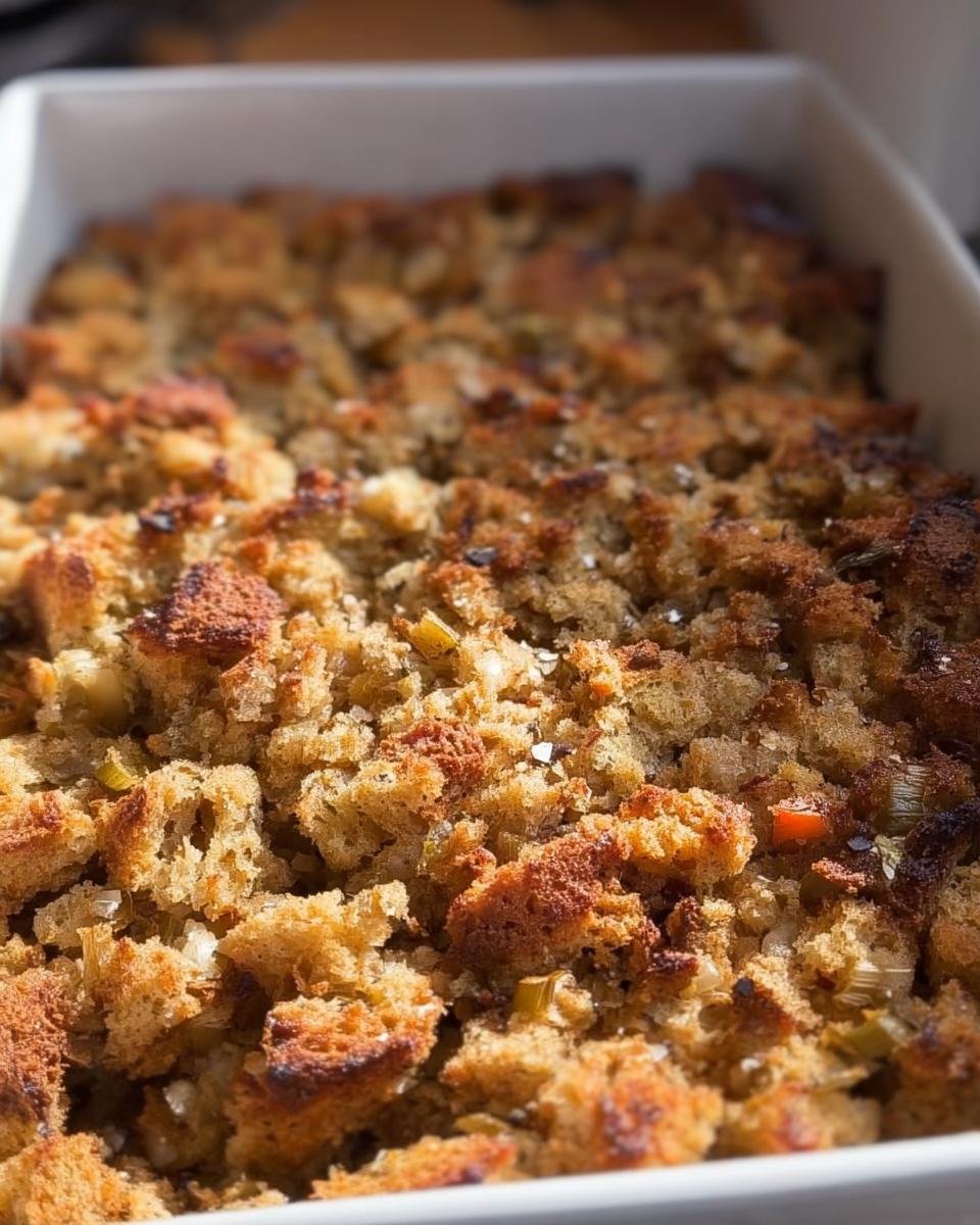 Close-up of golden brown, crusty bread cubes in a baking dish, part of a restaurant-style stuffing recipe.